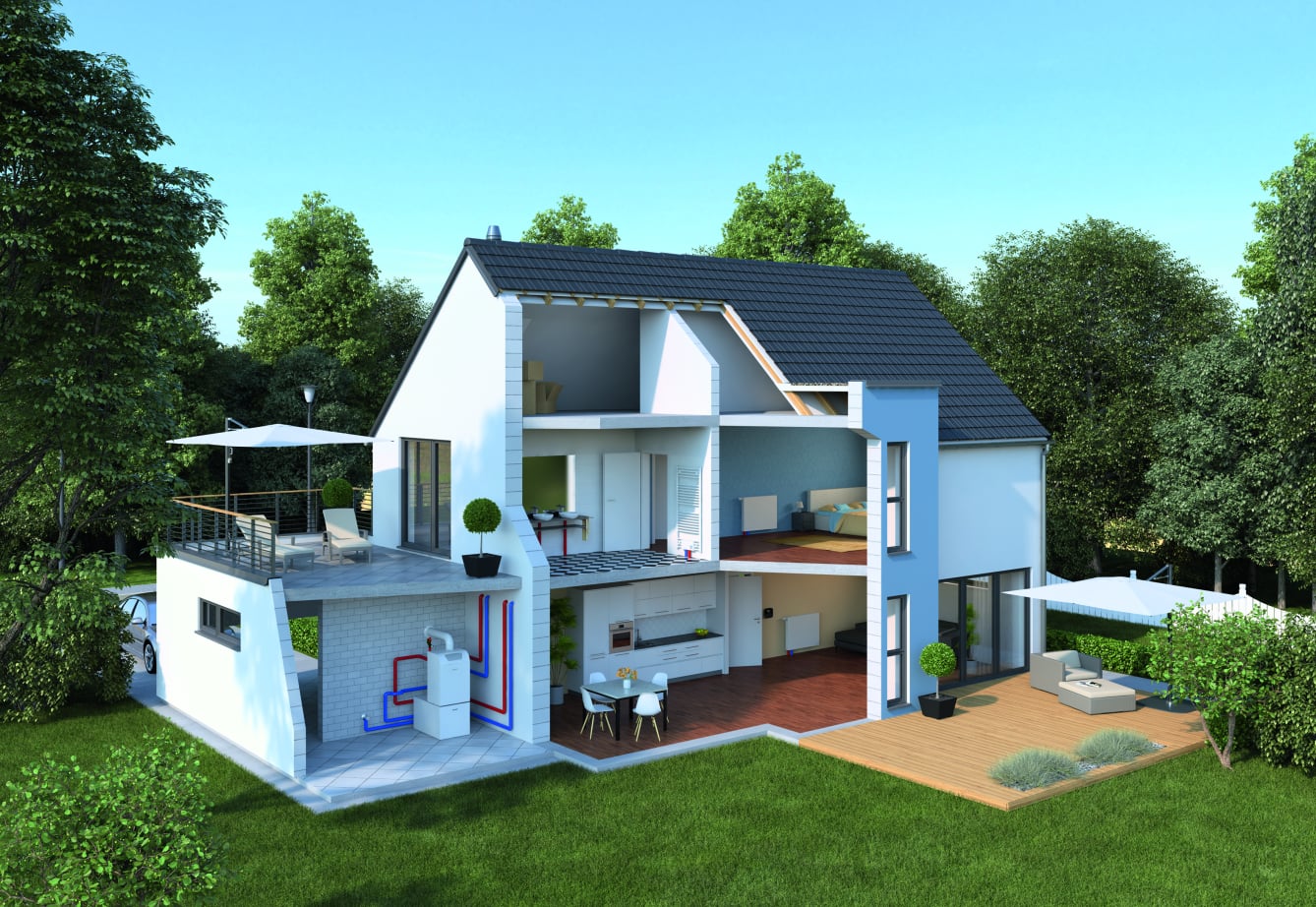 Querschnit von einem Haus mit Heizungsanlage